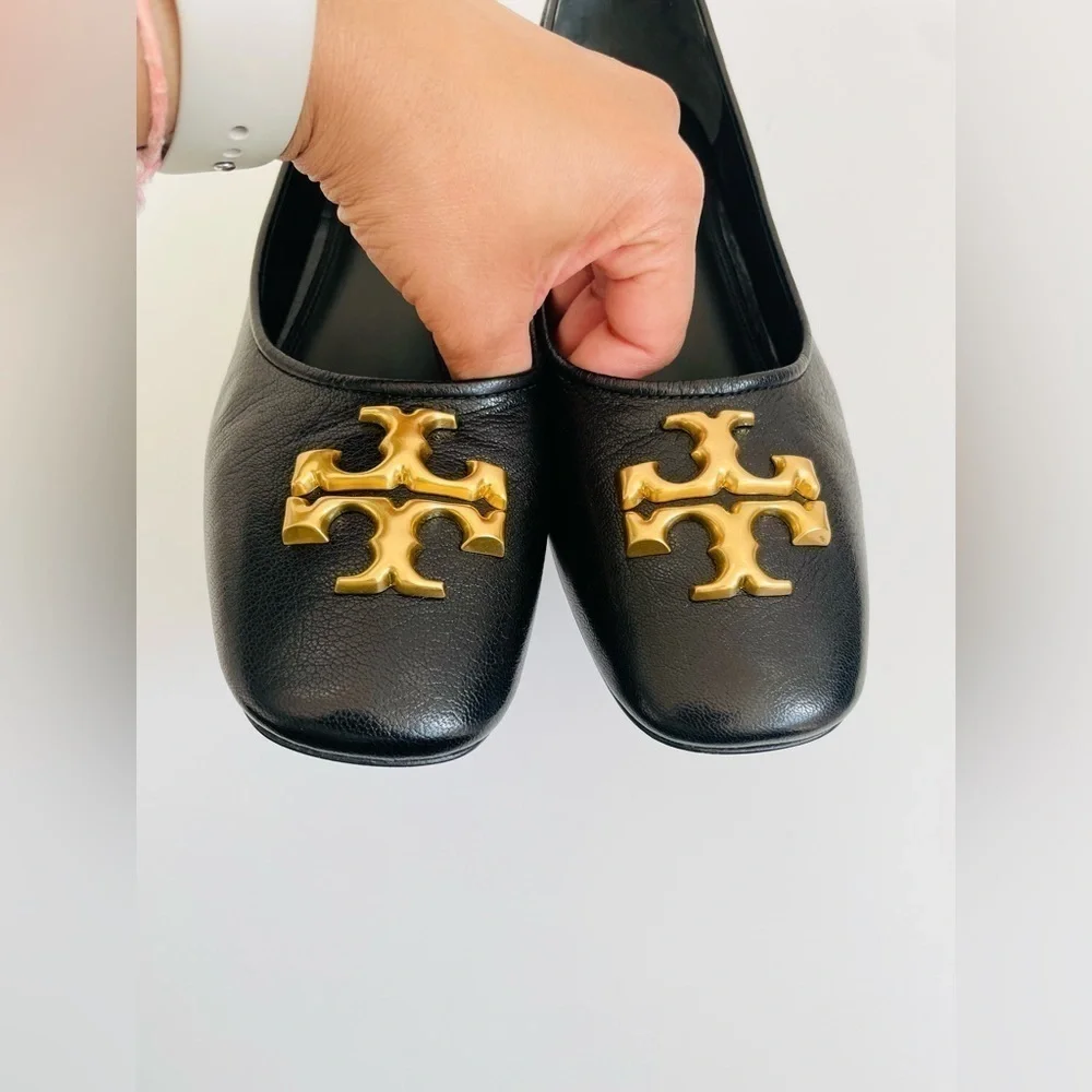 Tory Burch Black Leather Eleanor Logo Plaque square toe pumps 10.5